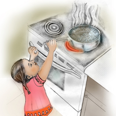 Once your baby can stand they can reach hot things on the stove.  Make sure to turn pot handles in and use the back burners as much as possible.